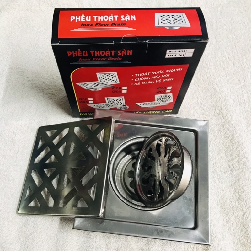 Phễu thoát sàn inox 15x15cm phi 60, 90