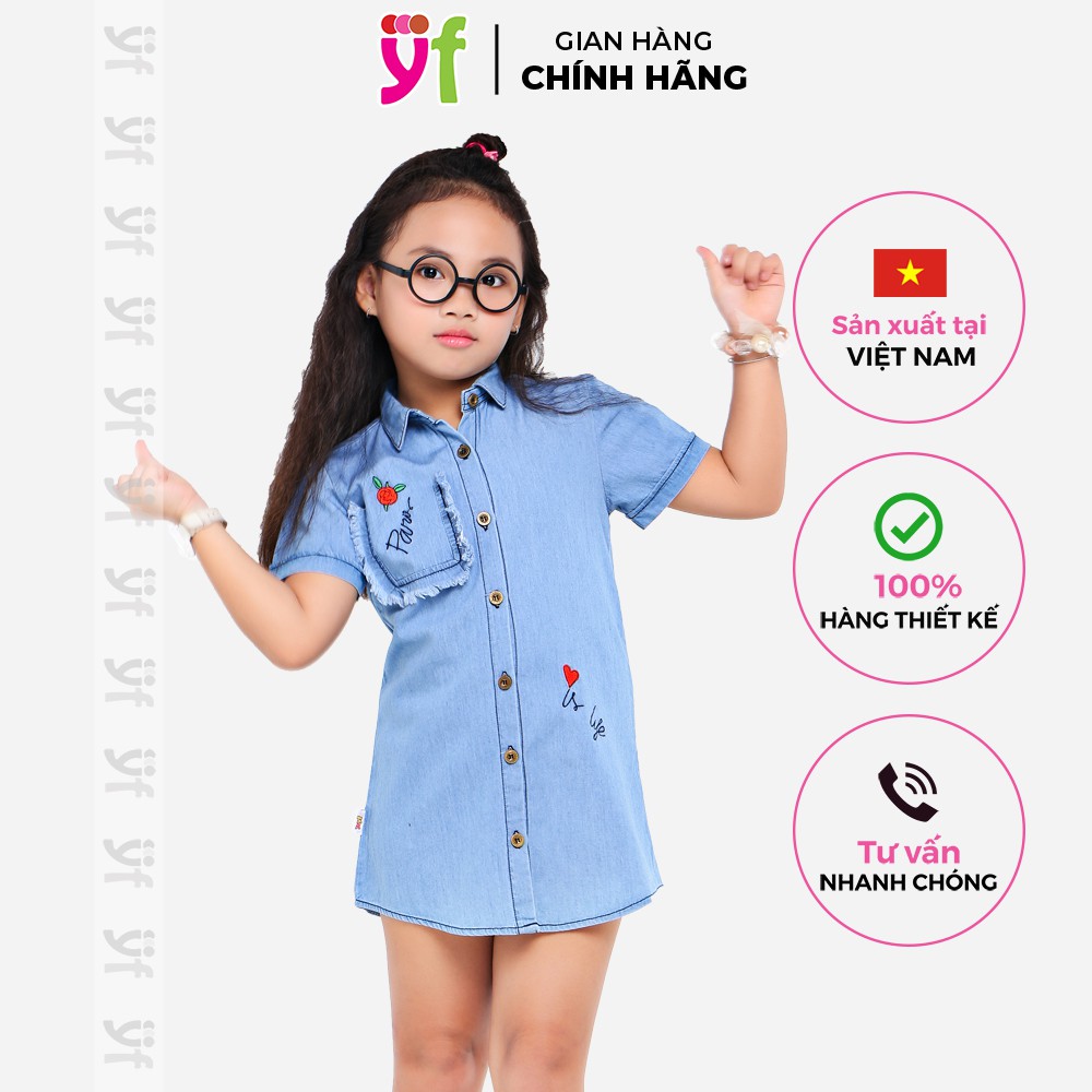 Đầm sơ mi bé gái phối túi YF màu jean &amp; hồng cá tính, sành điệu 9DX540