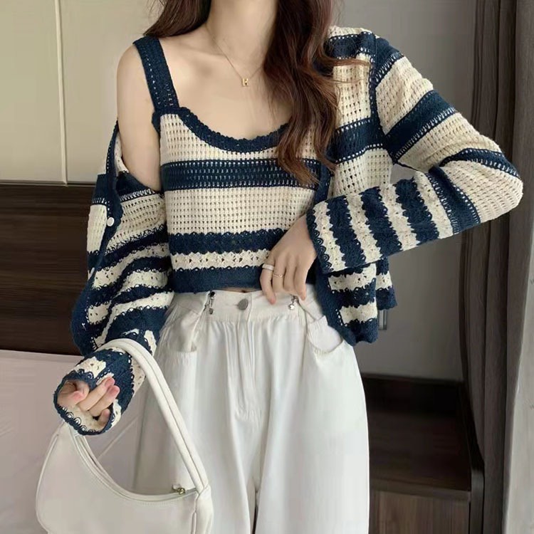 Set áo cardigan kẻ len mongtoghi phong cách Quảng Châu chất đẹp cực xinh ST04
