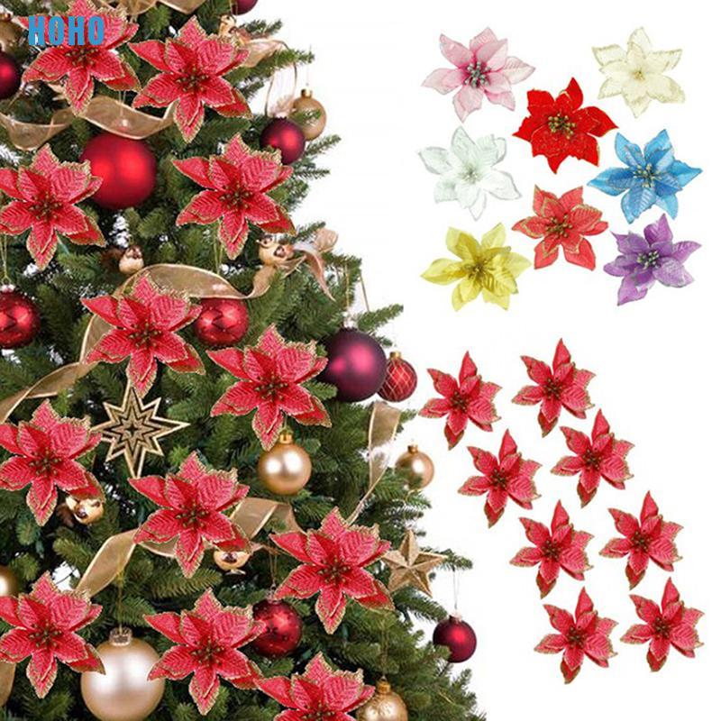 Set 10 bông hoa giả lấp lánh xinh xắn trang trí cây thông giáng sinh