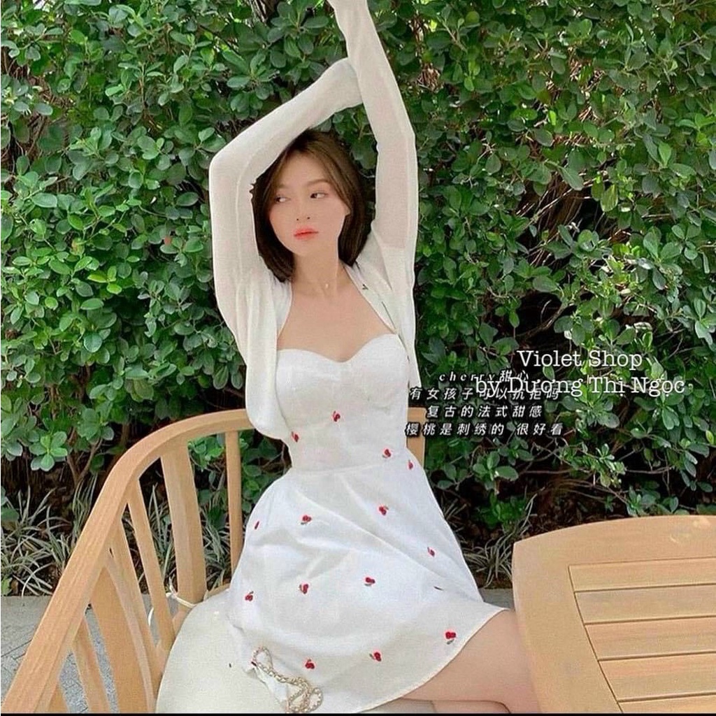 Đầm 2 Dây Thắc Dây Vai Có Mút Ngực Họa Tiết Trái Cherry Kèm Áo Khoác Ngoài Sang Trọng