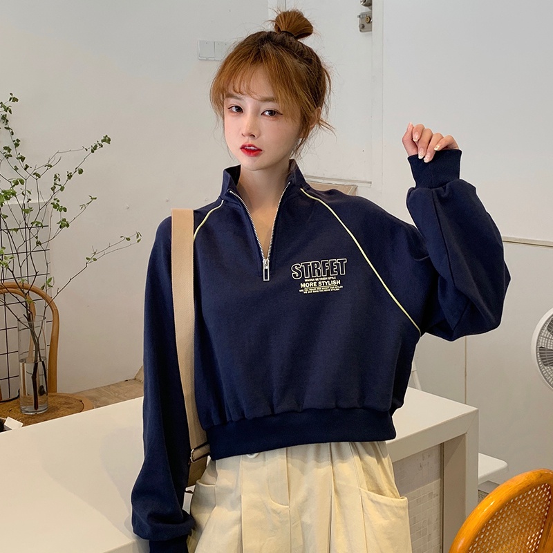 Áo Nỉ Nữ Dài Tay Cổ Đứng Thời Trang Hàn