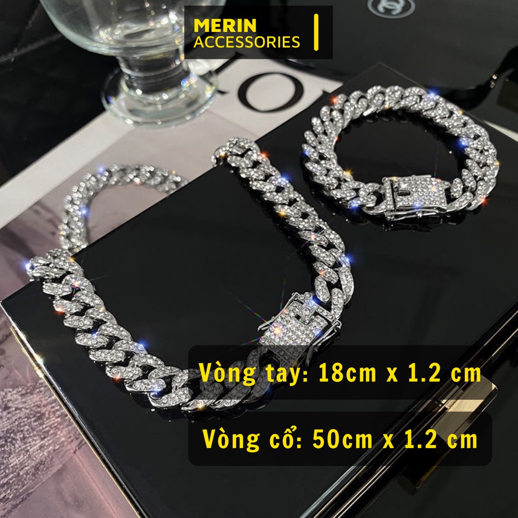 Vòng cổ nam nữ dây chuyền thời trang vòng lắc tay unisex màu bạc đính đá Merin Accessories Titan không gỉ - Cuban đá