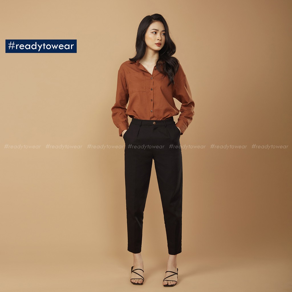 Quần baggy cạp cao nữ công sở vải đũi linen pants màu đen be nâu pastel Q02 | BigBuy360 - bigbuy360.vn