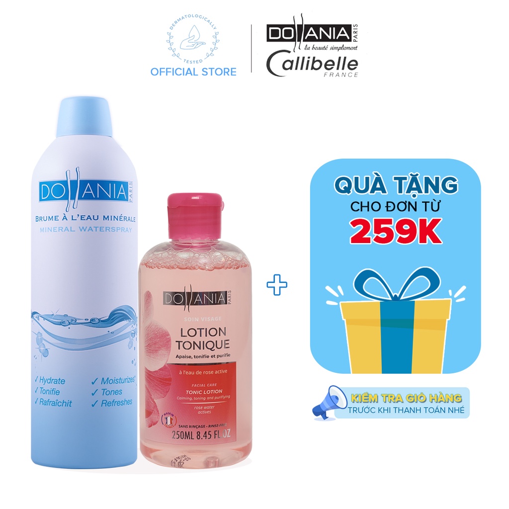 Bộ xịt khoáng và nước hoa hồng Dollania giúp dưỡng ẩm và se khít lỗ chân lông 400ml + 250ml - 891110, 891462