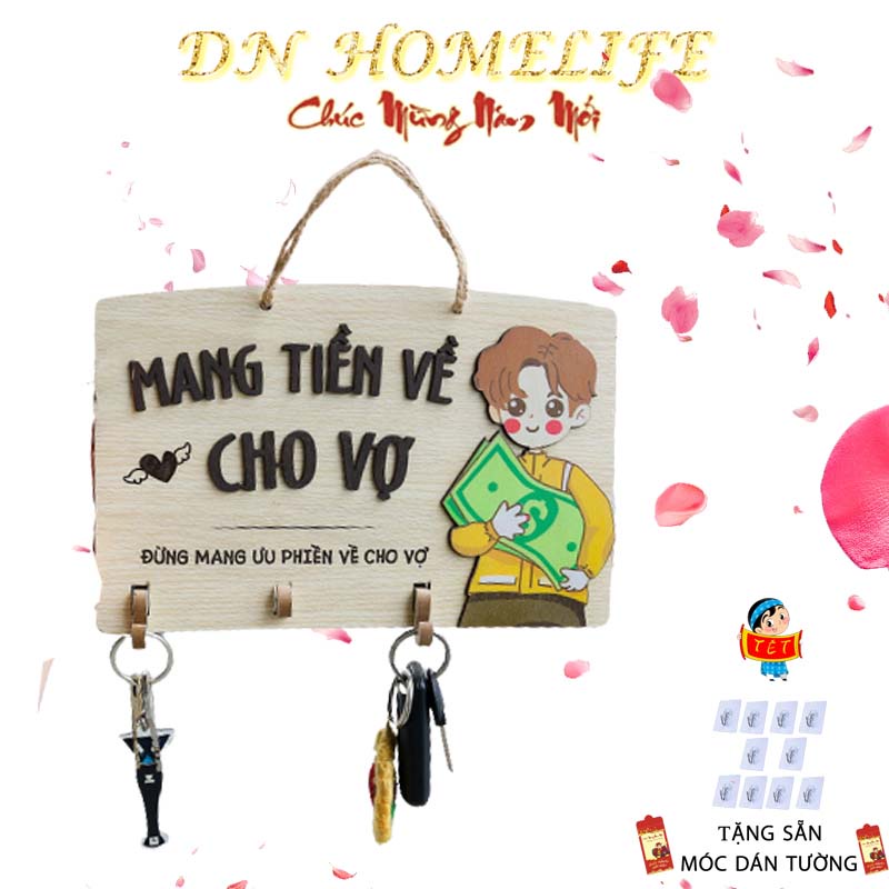 Bảng gỗ Mang tiền về decor có móc treo chìa khóa siêu dễ thương, hot trend