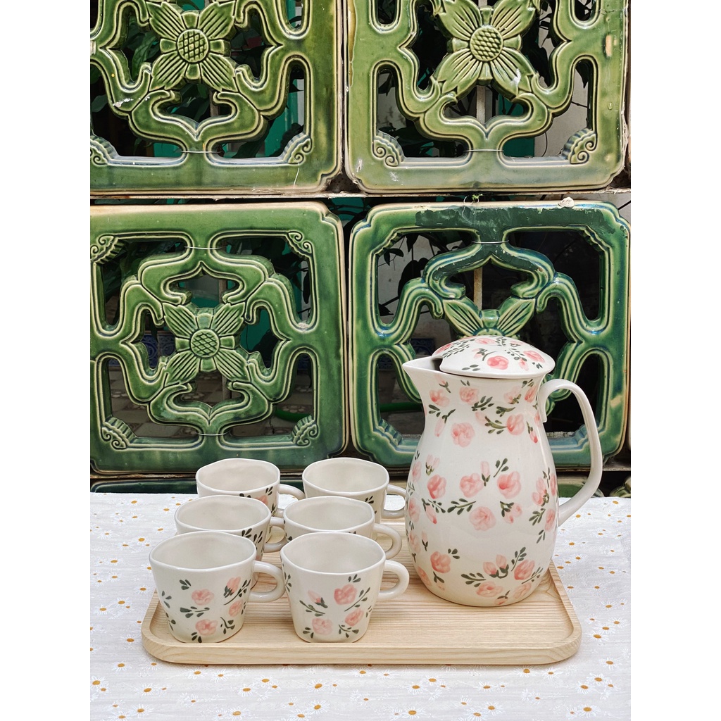 Bộ bình nước họa tiết đơn giản nhẹ nhàng - Bình nước Bát Tràng