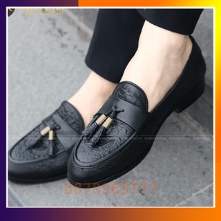 GIÀY LƯỜI NAM DA BÒ 100% DẬP VÂN CÁ SẤU, GẮN CHUÔNG, ĐẾ PHÍP GỖ NHẬP - MÃ X091-2 MÀU ĐEN HÀNG VIỆT NAM