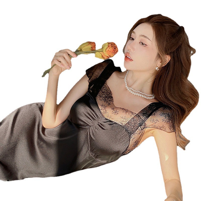 Đầm Ngủ Lụa Dáng Rộng Dài Phối Ren Thời Trang Quyến Rũ Cao Cấp Cho Nữ