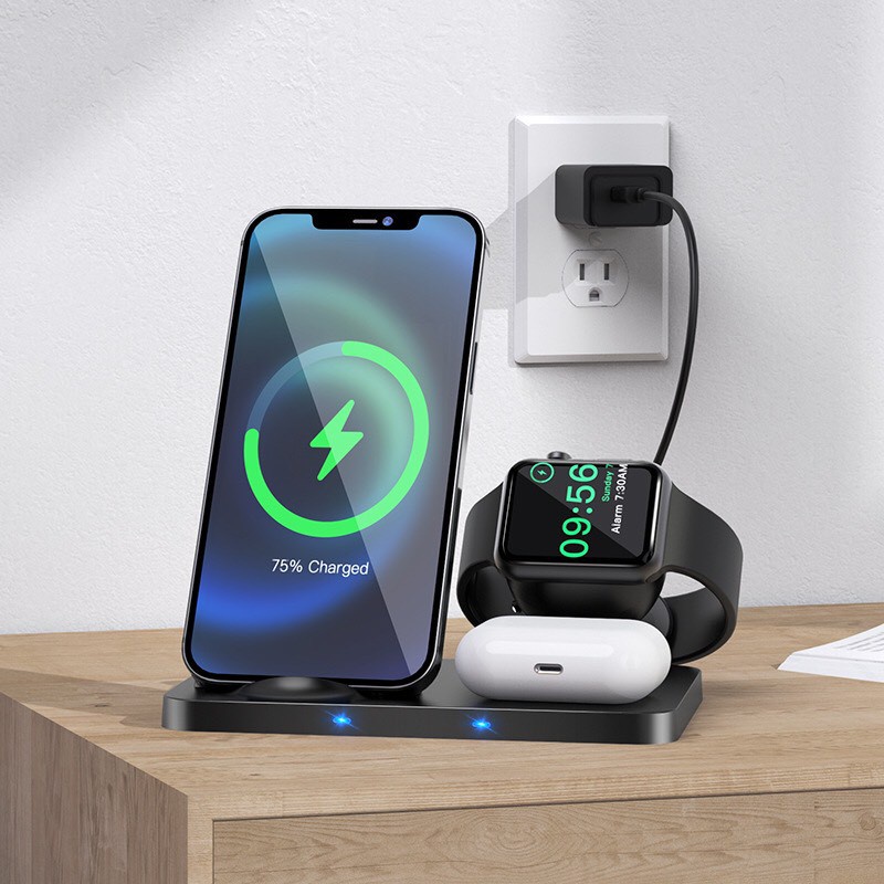 Đế sạc nhanh sạc không dây 15w chính hãng hoco Cw33 3 in 1 Chính Hãng smartphone& Apple Watch & Airpod