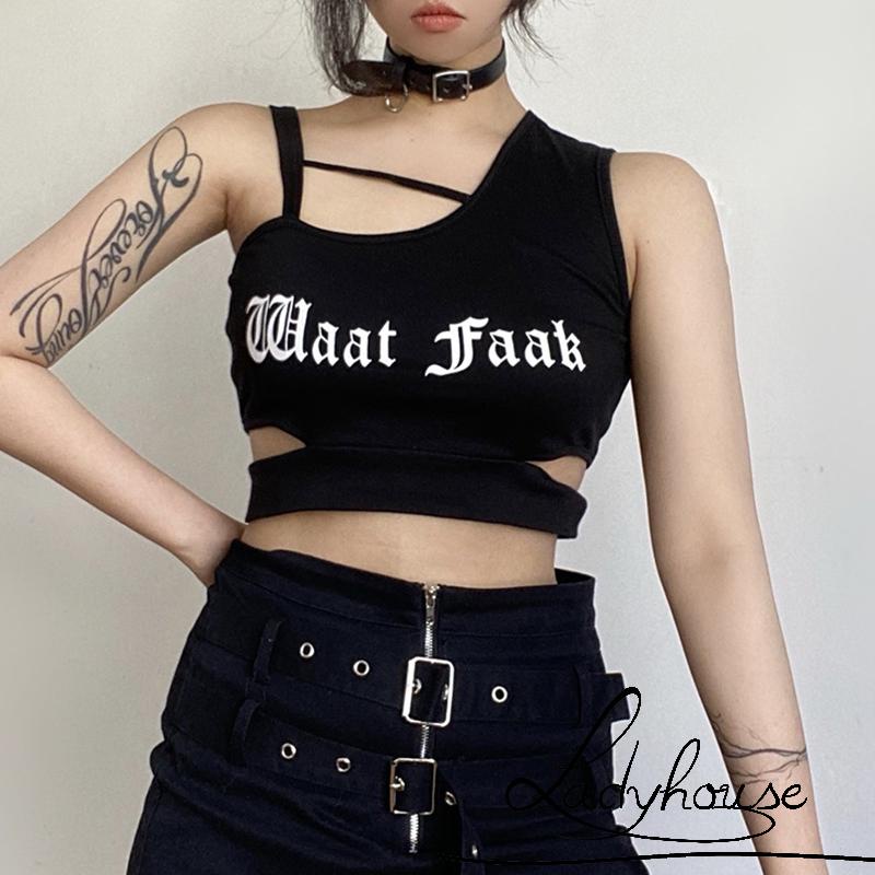 Áo Croptop Khoét Vai Màu Đen In Chữ Phong Cách Punk Cá Tính Cho Nữ