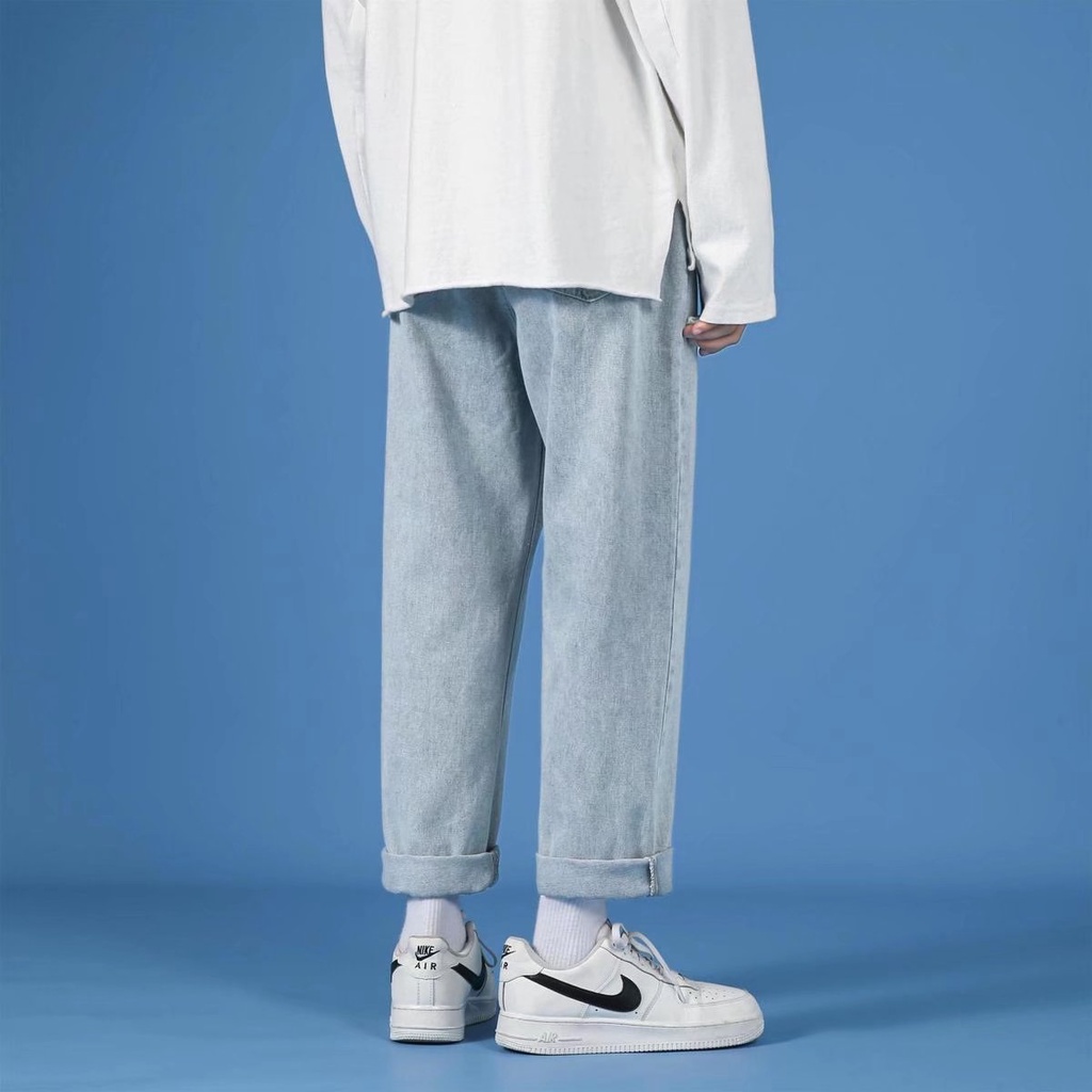 Quần Jeans Trơn Dáng Suông Rộng Thoải Mái Phong Cách Thời Trang Hàn Quốc Cho Nam Giới Có size S-5XL