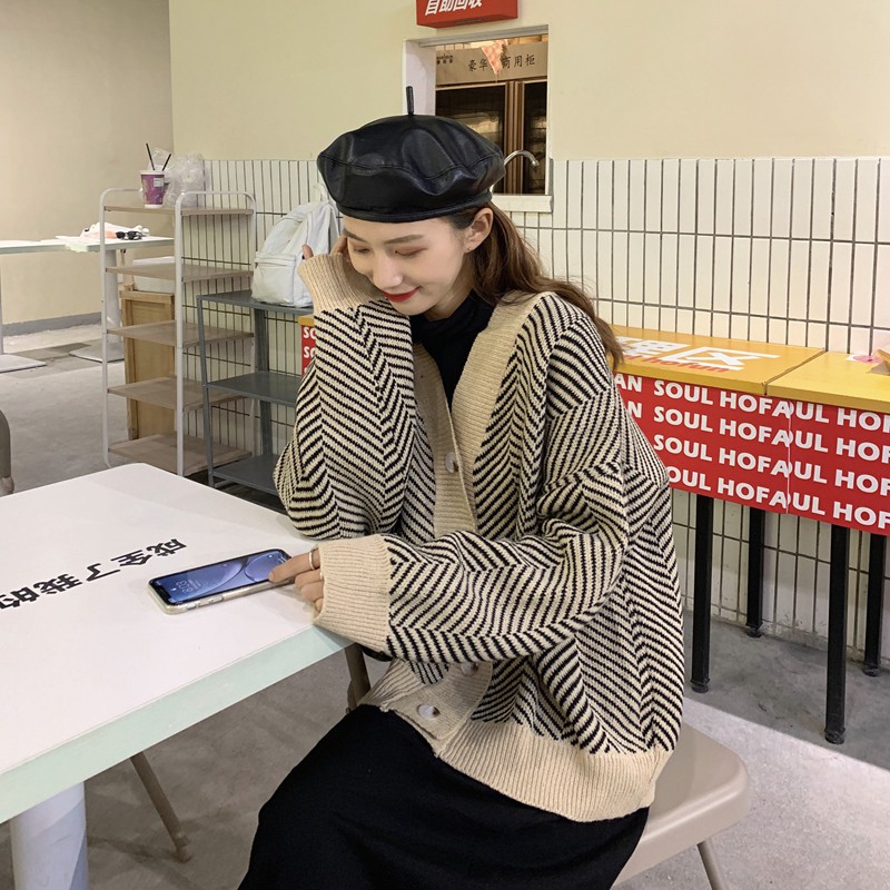 Mã WAMT10K giảm ngay 10k cho đơn bất kì Áo khoác len cardigan áo len dệt kim kẻ sọc phong cách Hàn | BigBuy360 - bigbuy360.vn