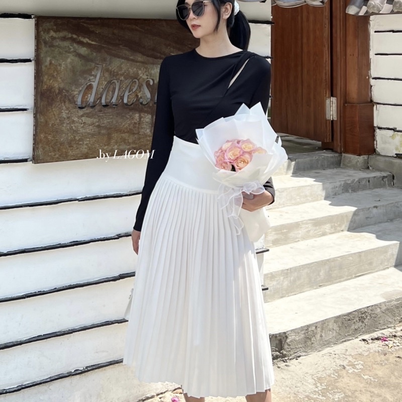 LAGOM - Chân váy xếp ly dài, chất liệu linen Thái dày dặn chuẩn form
