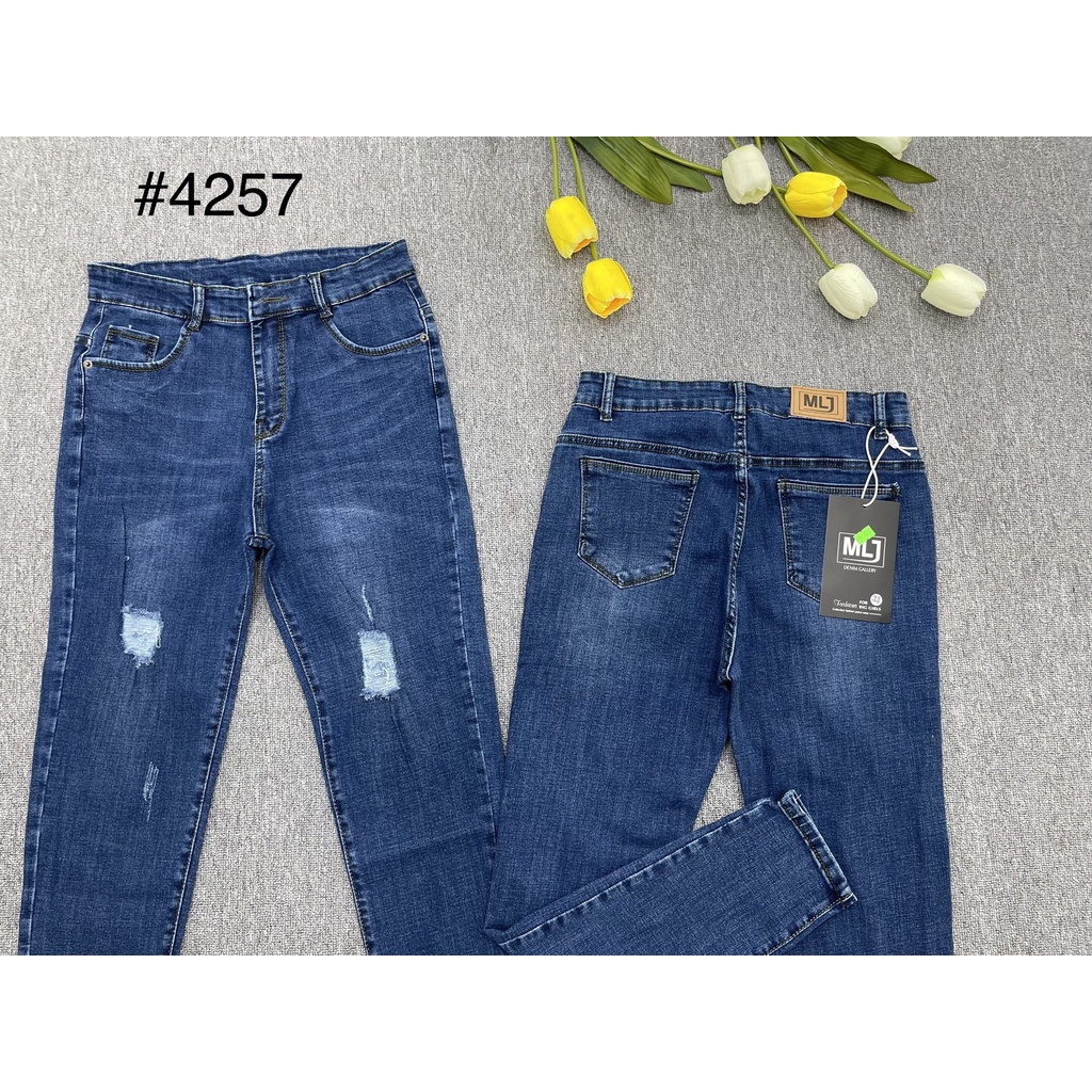 Quần jeans dài BigSize lưng cao, co dãn mạnh, màu xanh đậm rách kiểu 4257