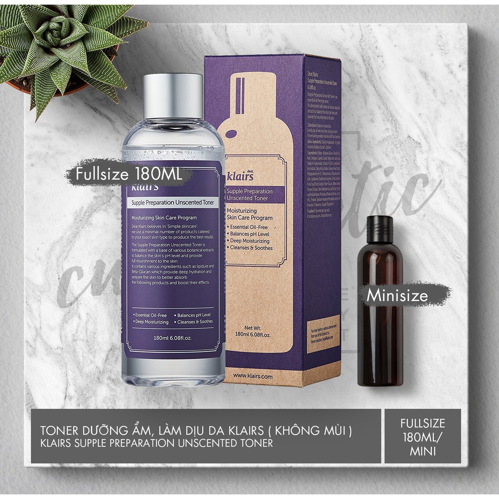 (MINISIZE/Fullsize 180ml) Nước hoa hồng Klairs Supple Preparation Unscented Toner