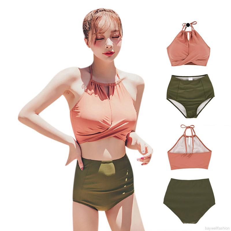 [Baywellfashion]Women Sexy Sweet Solid Color Simple High Waist Halter Cross Strap Bandage Split Bikini Set Swimsuit | BigBuy360 - bigbuy360.vn