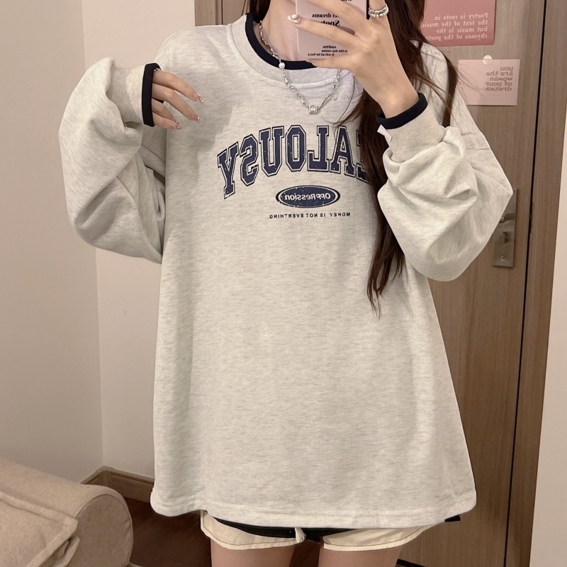 ZHELIHANGFEI Áo Thun Tay Dài Họa Tiết In Theo Phong Cách Retro Mỹ Dễ Phối Đồ