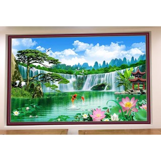 Tranh dán tường 3D thác nước - vải lụa kích thước theo yêu cầu