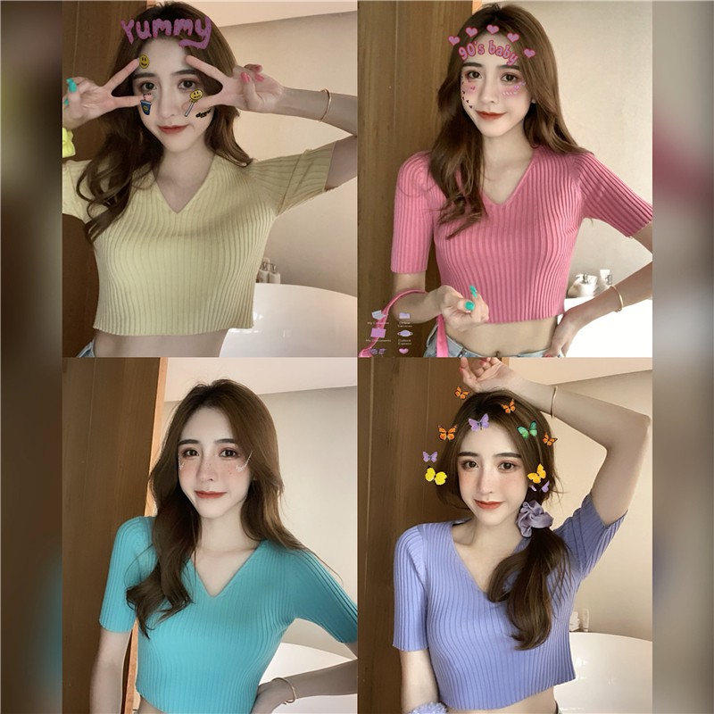 Xiaozhainv Áo thun tay ngắn cổ chữ V màu trơn ôm dáng sành điệu | BigBuy360 - bigbuy360.vn