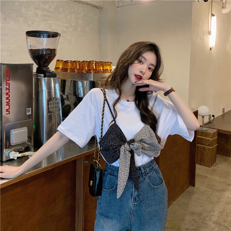 Áo Thun Tay Ngắn Dáng Rộng Phối Nơ Phong Cách Hàn Quốc