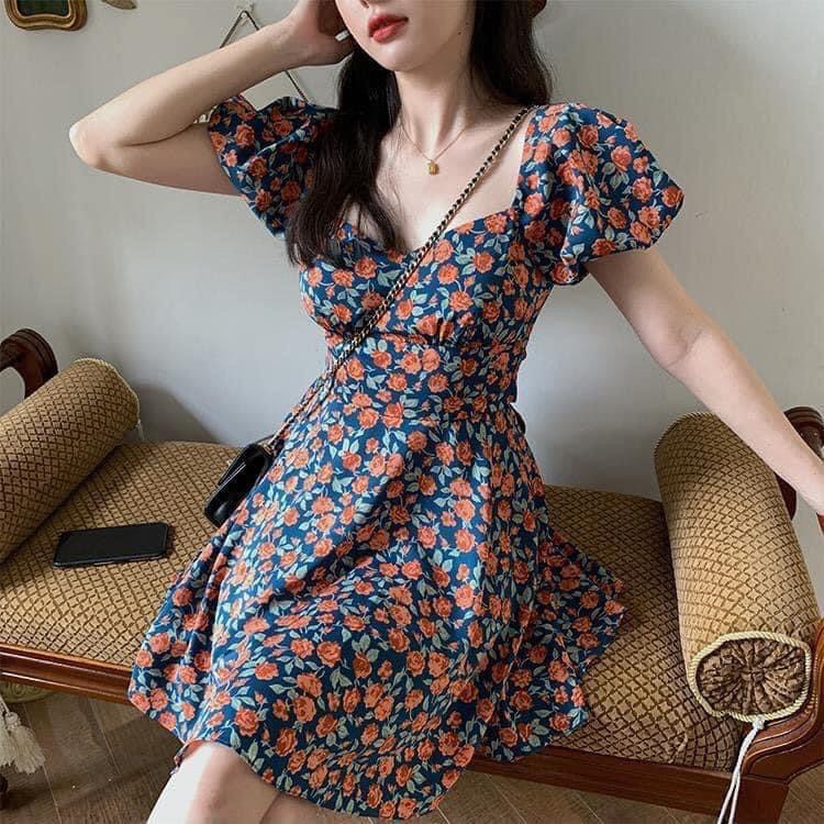 Váy hoa cam cổ tim vuông vintage | BigBuy360 - bigbuy360.vn