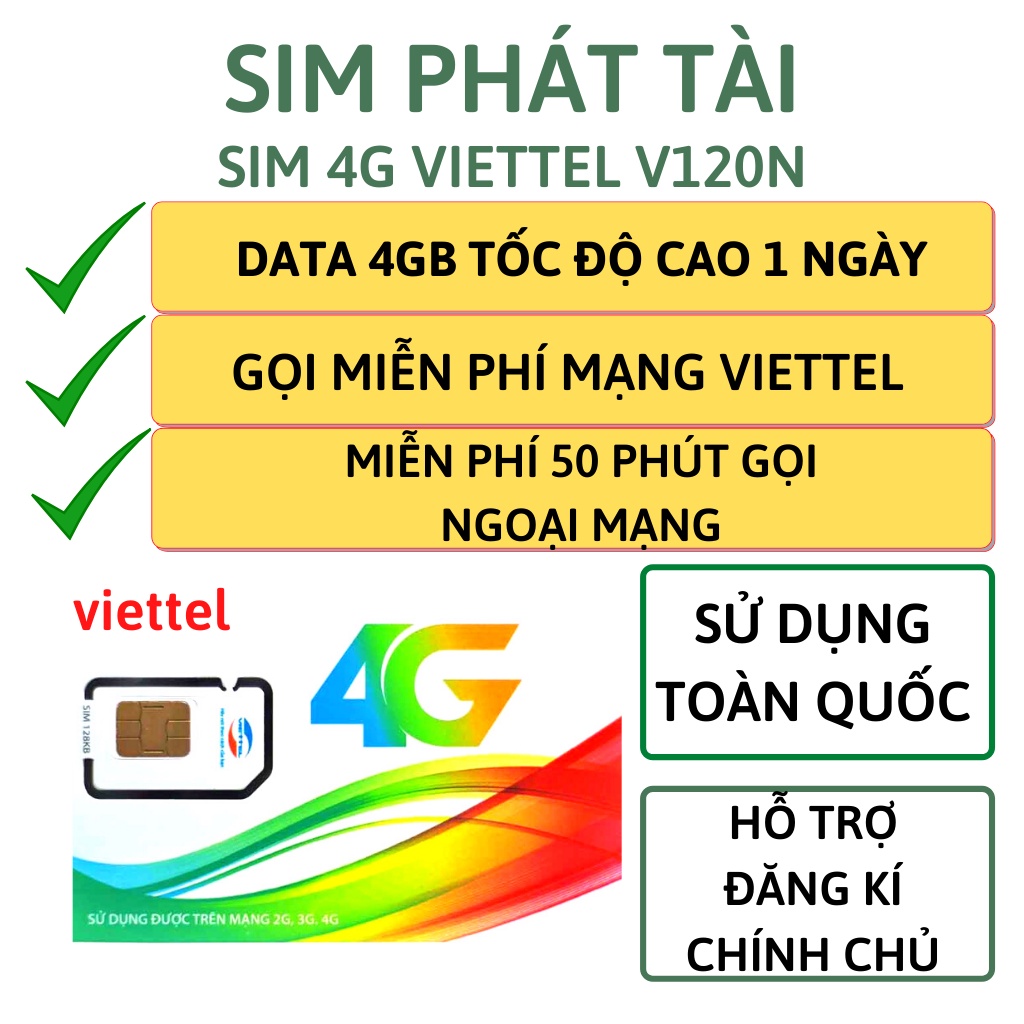 Sim 4G 1 Năm Sim Viettel V120N /V90 Tặng 120GB /Tháng Gọi Miễn Phí