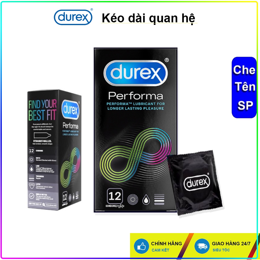 Bao cao su durex performa 12 bao kéo dài thời gian, chắc chắn, cảm giác chân thật. Bao cho nam nữ, gia đình. Chính hãng.