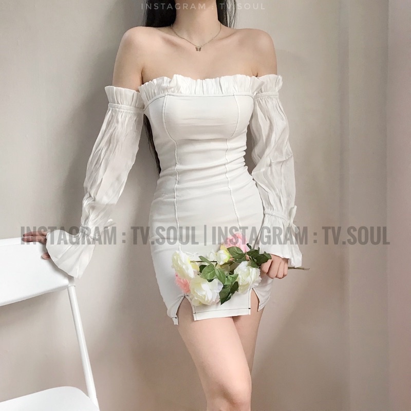 Đầm trễ vai tay lụa bóng