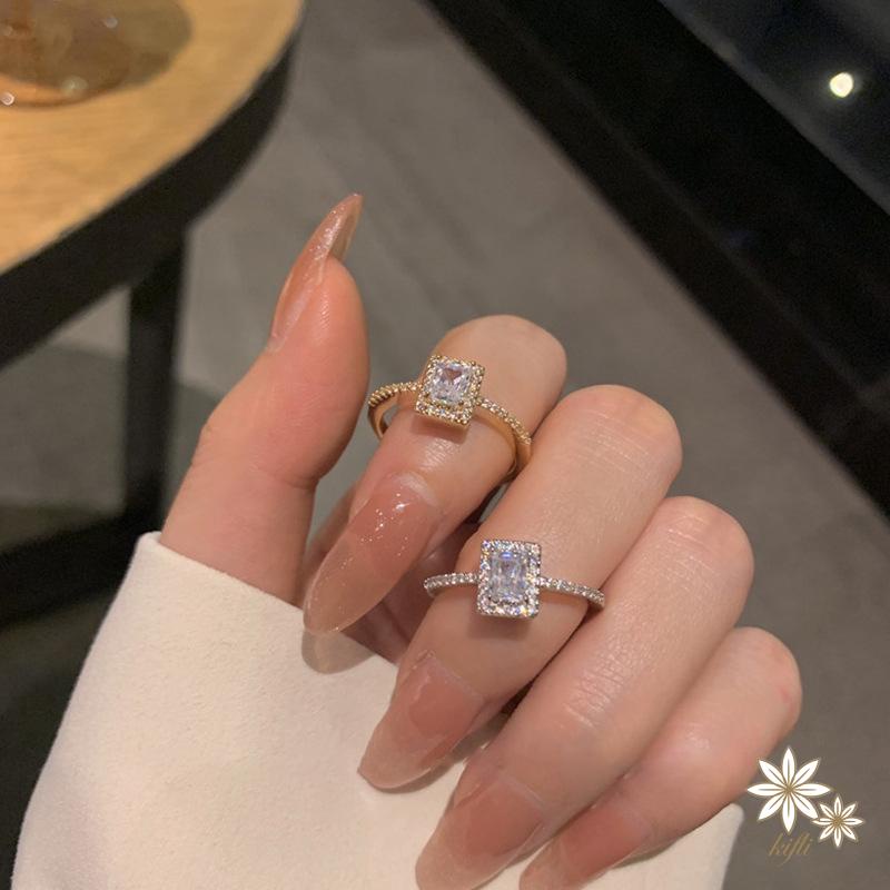 【kifli】Nhẫn Hở Đính Đá Zircon Hình Vuông Có Thể Điều Chỉnh Phong Cách Hàn Quốc Tinh Tế Cho Nữ