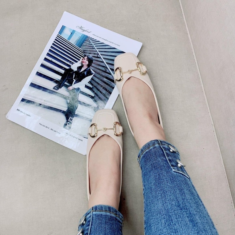 Giày bệt mũi vuông da lì nơ khoá vàng đế mềm, dẻo