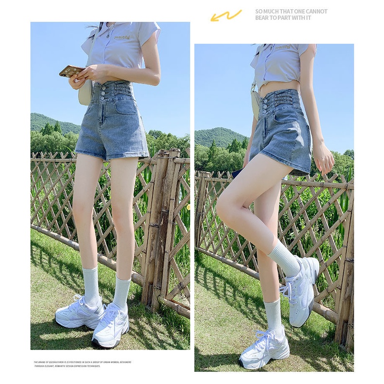 Quần Short Denim Màu Đen Lưng Cao Dáng Chữ a Thời Trang Mùa Hè Cho Nữ