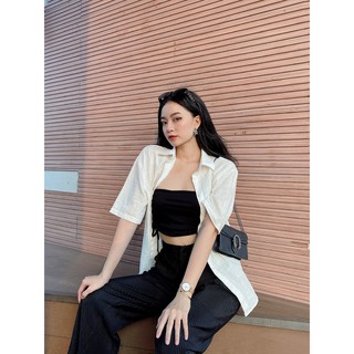 Áo sơ mi linen phom rộng trắng nữ blmde