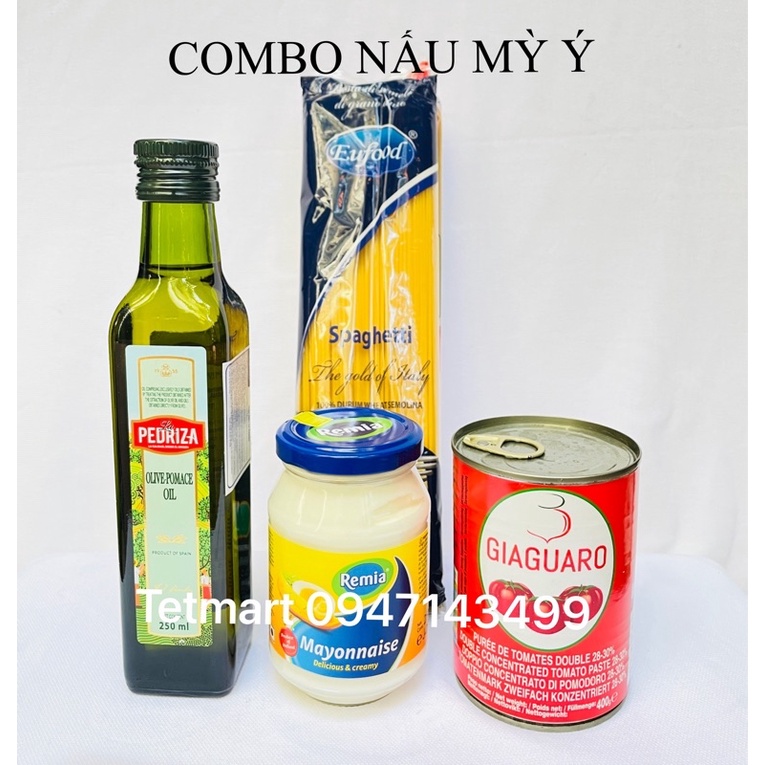 Combo 4 món cao cấp nấu mỳ Ý (Dầu oliu, mỳ Ý, sốt Mayonaise Remia &amp; quả oliu đen tách hạt)