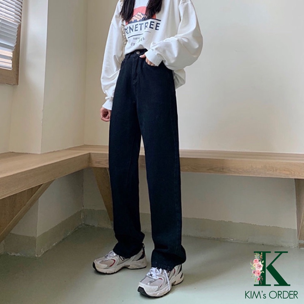 Quần Jean Nữ Cạp Cao Màu Xanh Than Denim Ống Suông Dài Dáng Rộng Phong Cách Ulzzang Chất Liệu Dày Dặn Loại 1 Co Dãn Nhẹ