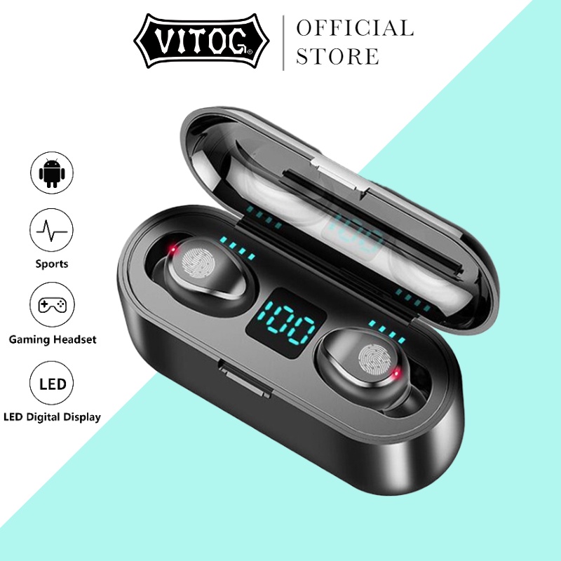 [Mã ELBMO2 giảm 12% đơn 500K] Tai nghe không dây Vitog F9 Bluetooth màn hình hiển thị LED TWS tích hợp hộp sạc 2000mAh