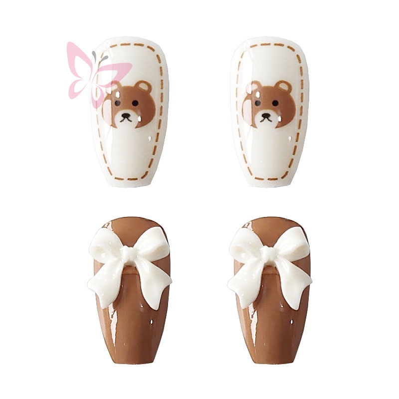 Móng Tay Giả Đính Nơ Hình Gấu Dễ Thương/Móng Tay Giả 3d / Móng Tay Giả Kèm Keo Móng Dài/ nơ kèm keo dán dễ thương xinh xắn