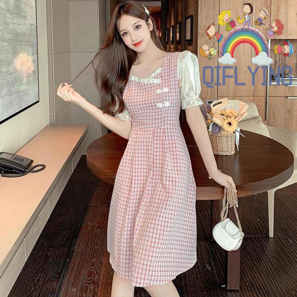 Đầm Nữ Tay Ngắn Cổ Vuông Họa Tiết Caro Thời Trang
