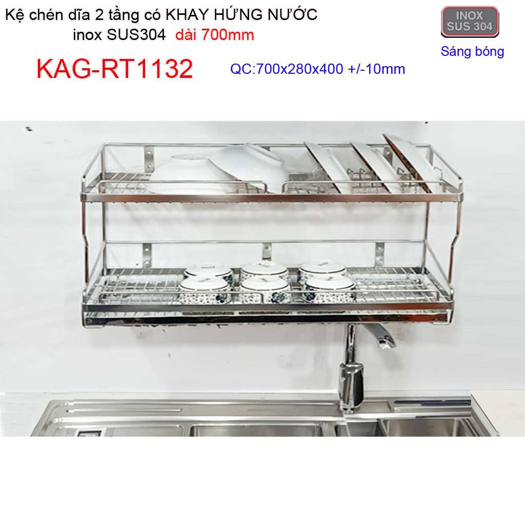 Kệ đựng chén bát có khay hứng nước inox sus304, kệ úp chén dĩa 2 tầng dài 70cm KAG-RT1132