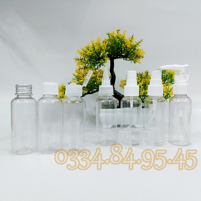 [100] Chai nhựa 50ML nắp bật, phun sương, xịt giọt, nắp nhôm, nắp vặn trắng, nắp nhọn, vòi nhấn dài - Lọ chiết mỹ phẩm