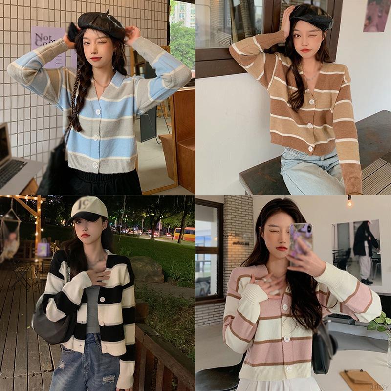 Áo len cardigan cổ chữ V tay dài phối nút gài thời trang dành cho nữ