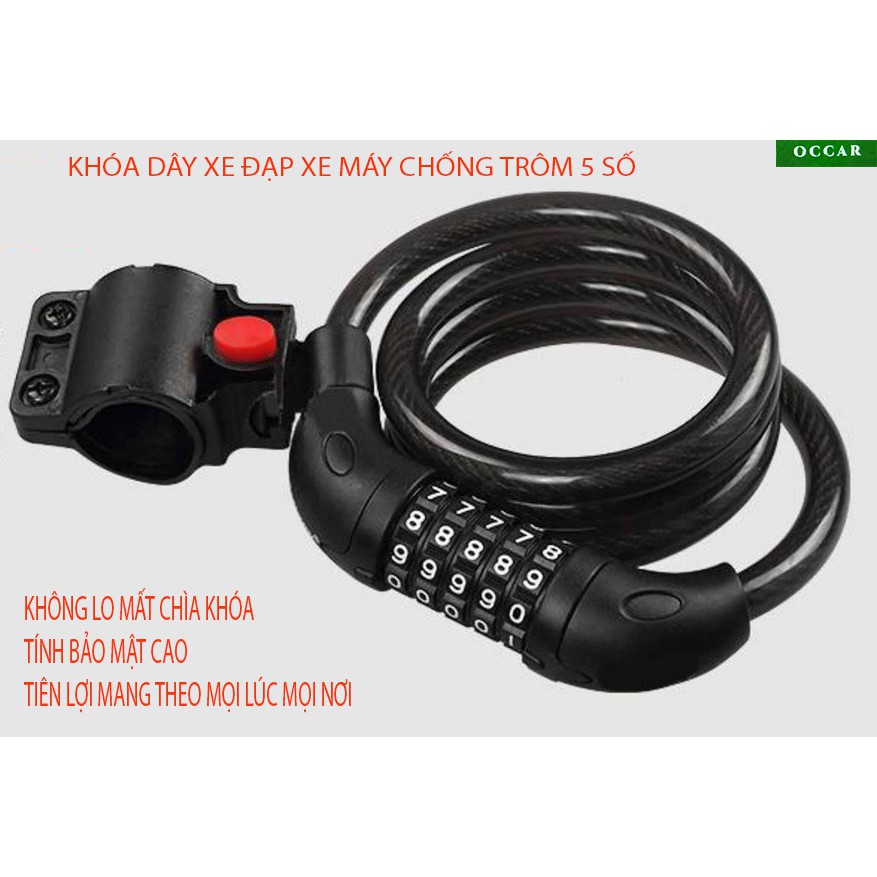 Khóa  chống trộm, khóa dây xe đạp, xe máy chống trộm có mã 5 số bảo mật cao, khóa dây cao cấp, khóa dây chống trộm.Occar