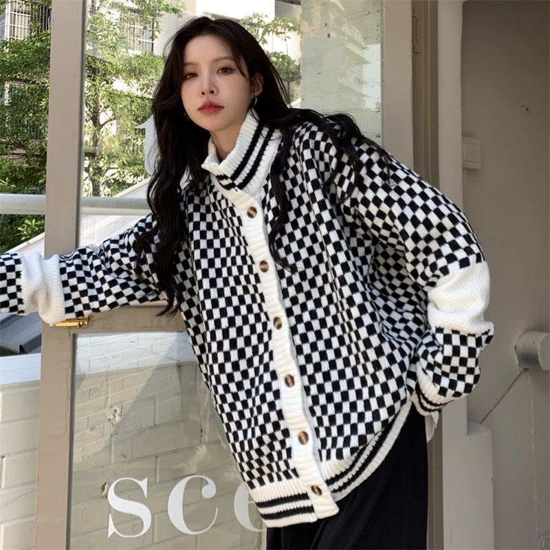 Cardigan Len Nữ Dáng Rộng, Áo Khoác Cardigan Họa Tiết Caro Ulzzang Phong Cách Hàn Quôc