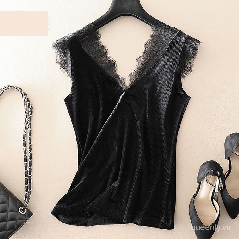 Áo hai dây vải nhung phối ren dáng ôm hở lưng thời trang mùa thu cho nữ 2021 | BigBuy360 - bigbuy360.vn