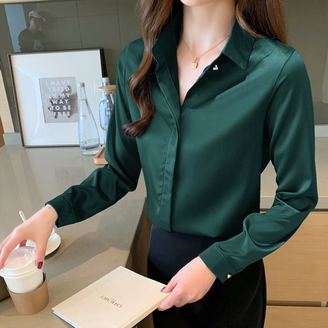 Áo Sơ Mi Nữ Công Sở Màu Xanh Lá Cổ Đức CHIPY Kiểu Hàn Quốc Vintage Ulzzang Form Rộng Dài Tay Đẹp Chất Lụa Cao Cấp A2X | BigBuy360 - bigbuy360.vn
