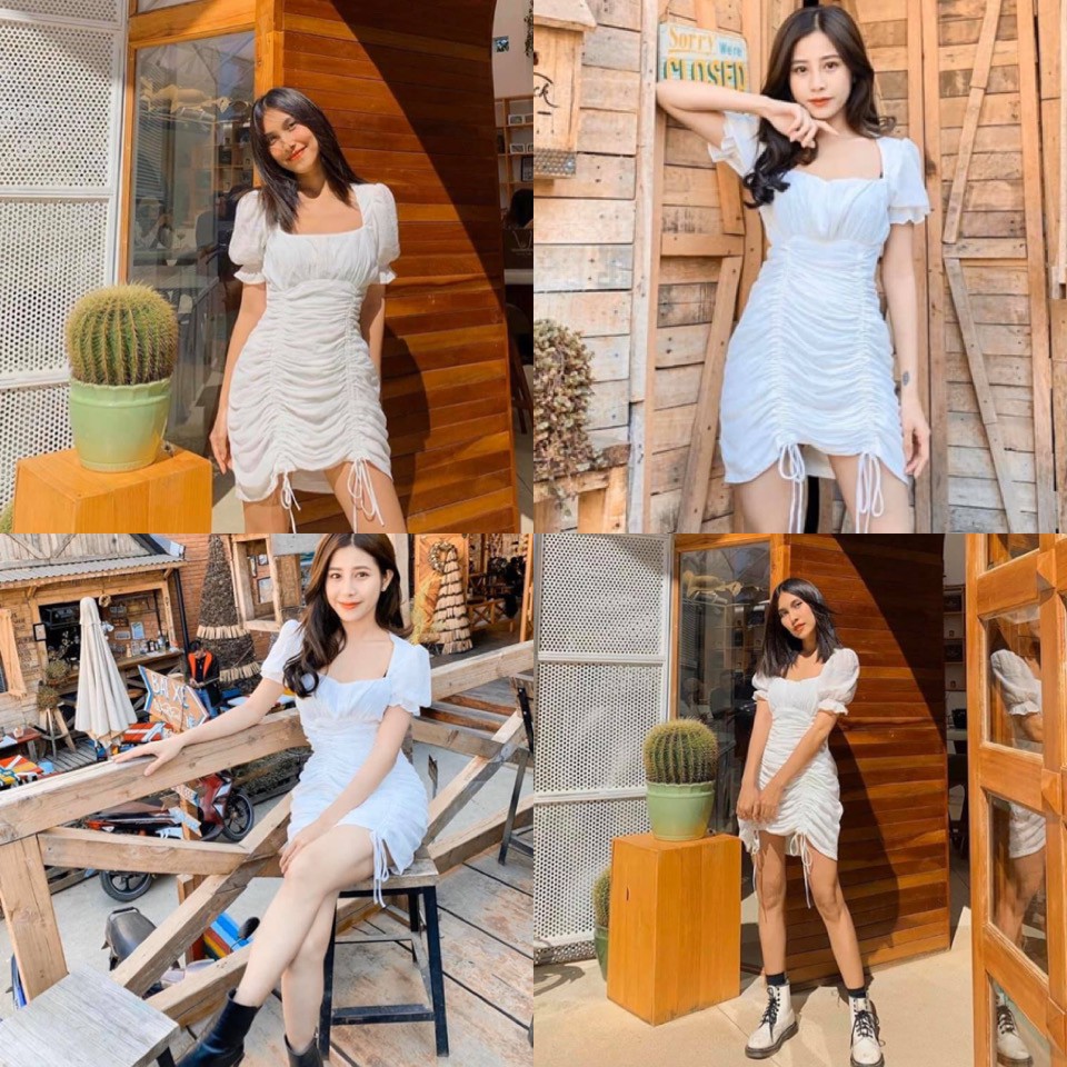 Đầm Trắng Arina Dress chất vải đũi - váy thiết kế rút dây búp tay phồng from chuẩn | BigBuy360 - bigbuy360.vn