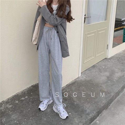 Quần ống suông cạp cao culottes 2 màu đen ghi Nam Nữ Ullzang chất liệu da cá