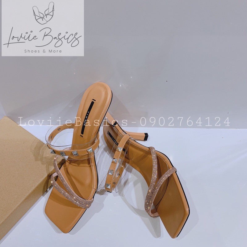 LOVIIE BASICS - DÉP NỮ CAO GÓT THỜI TRANG GUỐC ĐINH QUAI CHÉO ĐÁ MŨI VUÔNG GÓT NHỌN 9CM 3 MÀU ĐEN TRẮNG VÀNG D210467