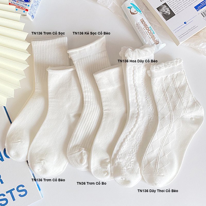 Tất cổ cao Mivino vớ cổ cao nữ trắng vải cotton co giãn thời trang Hàn Quốc TN136