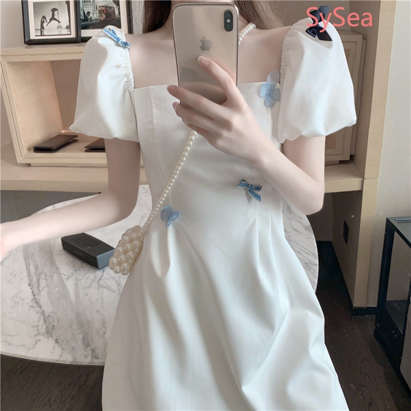 Đầm mùa hè tay phồng màu trắng dáng chữ A họa tiết bướm cho nữ | BigBuy360 - bigbuy360.vn